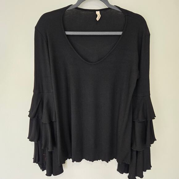 Elan Solid Black Ribbed Knit Goth Fairygoth Top Tiered Bell Sleeves Size L - Picture 1 of 11